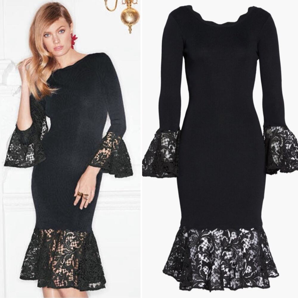 Sachin Babi Womens Dress Sz XS Black Kochi Scoop Back Fitted Flounce Lace Midi